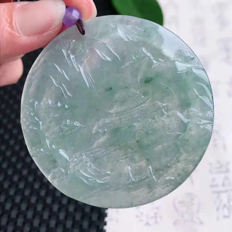 a货翡翠冰透起胶意境山水吊坠挂件,尺寸 56.6-6.1mm.重量47.