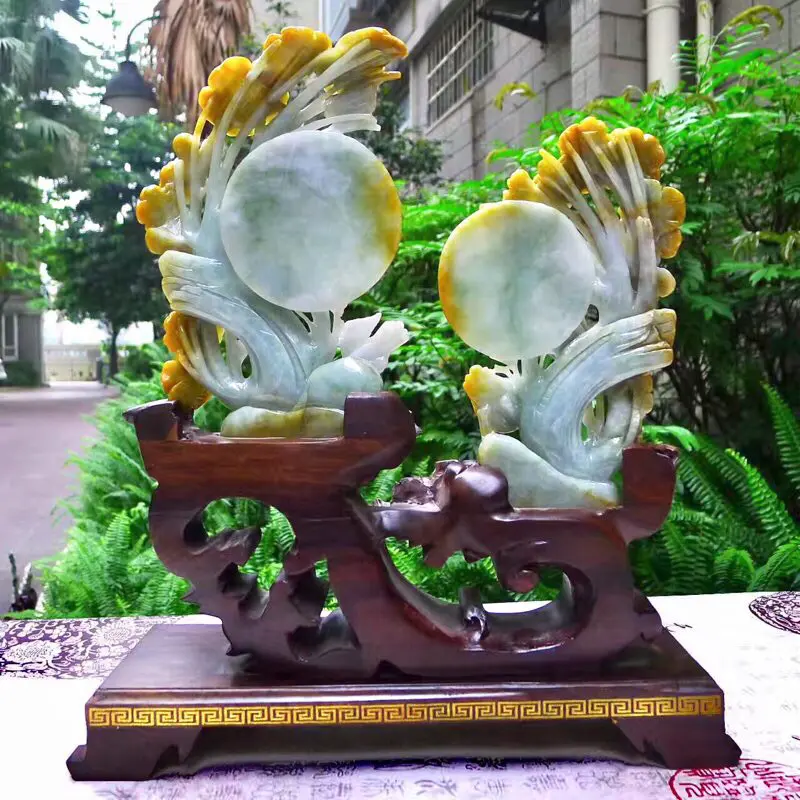 翡翠A货老坑水润特色黄翡花好月圆，喜上眉梢摆件  约裸石尺寸：178/100/20*180/115/30 连底坐：305/280/90mm重1.02公斤zz