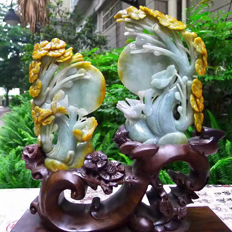 翡翠A货老坑水润特色黄翡花好月圆，喜上眉梢摆件  约裸石尺寸：178/100/20*180/115/30 连底坐：305/280/90mm重1.02公斤zz
