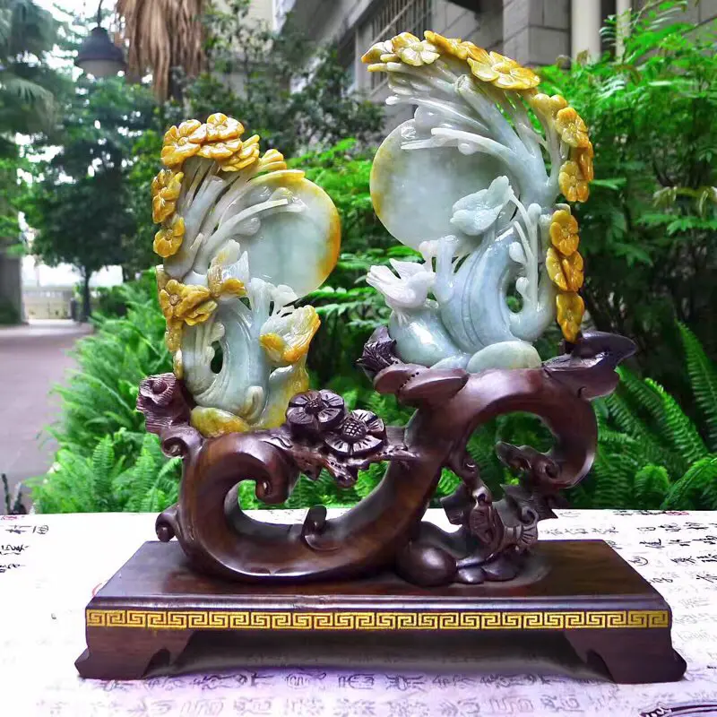 翡翠A货老坑水润特色黄翡花好月圆，喜上眉梢摆件  约裸石尺寸：178/100/20*180/115/30 连底坐：305/280/90mm重1.02公斤zz