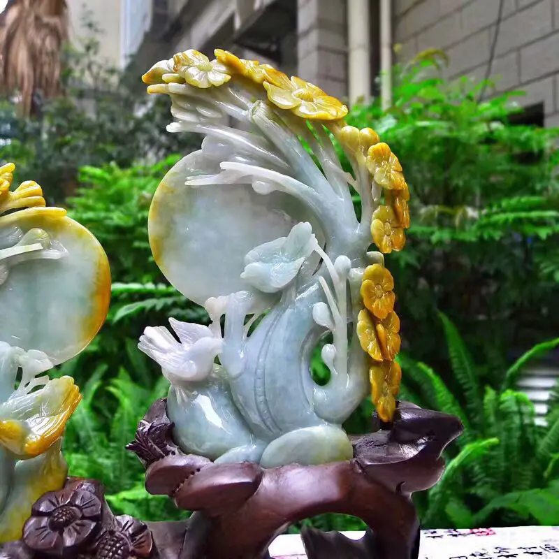 翡翠A货老坑水润特色黄翡花好月圆，喜上眉梢摆件  约裸石尺寸：178/100/20*180/115/30 连底坐：305/280/90mm重1.02公斤zz