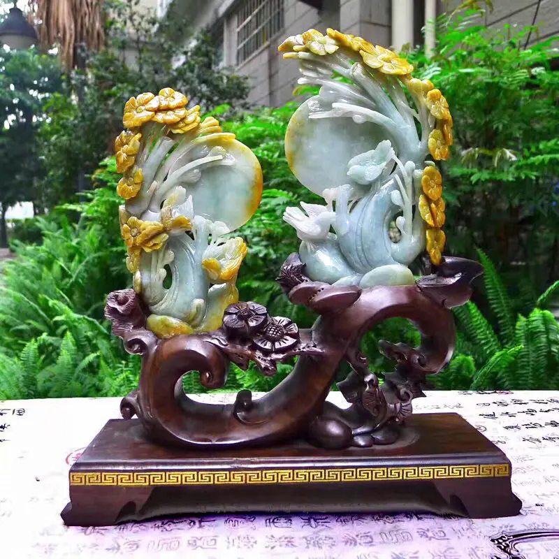 翡翠A货老坑水润特色黄翡花好月圆，喜上眉梢摆件  约裸石尺寸：178/100/20*180/115/30 连底坐：305/280/90mm重1.02公斤zz