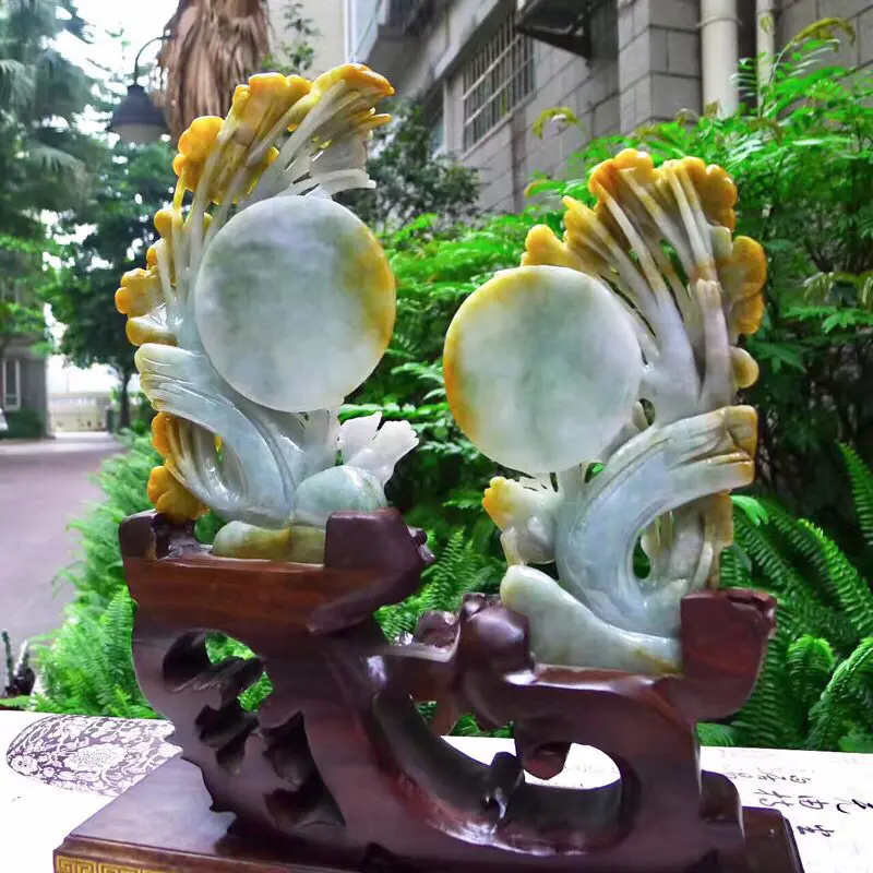 翡翠A货老坑水润特色黄翡花好月圆，喜上眉梢摆件  约裸石尺寸：178/100/20*180/115/30 连底坐：305/280/90mm重1.02公斤zz