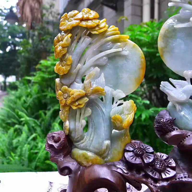 翡翠A货老坑水润特色黄翡花好月圆，喜上眉梢摆件  约裸石尺寸：178/100/20*180/115/30 连底坐：305/280/90mm重1.02公斤zz