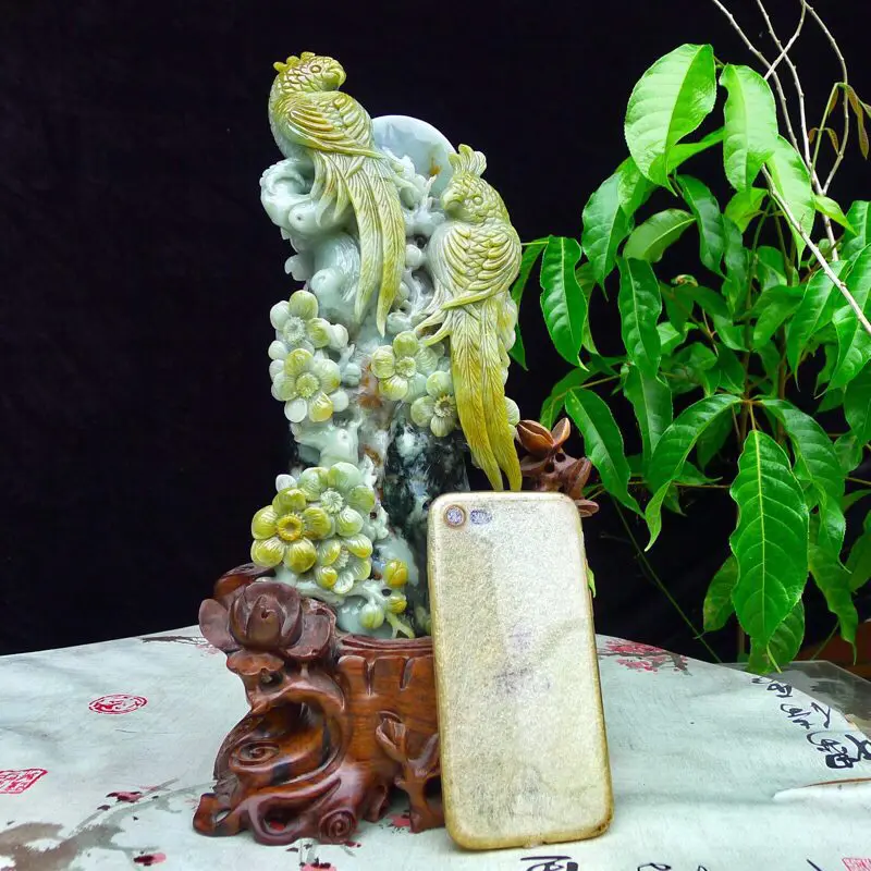 【翡翠水润三彩俏色巧雕英明神武(鹦鹉)精品摆件 裸石尺寸300*120*90mm 连底座尺寸360*170*120mm】图5