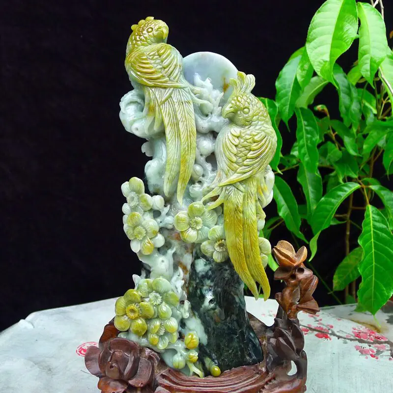 【翡翠水润三彩俏色巧雕英明神武(鹦鹉)精品摆件 裸石尺寸300*120*90mm 连底座尺寸360*170*120mm】图9