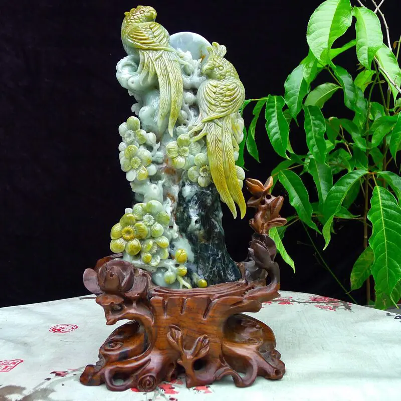 【翡翠水润三彩俏色巧雕英明神武(鹦鹉)精品摆件 裸石尺寸300*120*90mm 连底座尺寸360*170*120mm】图1