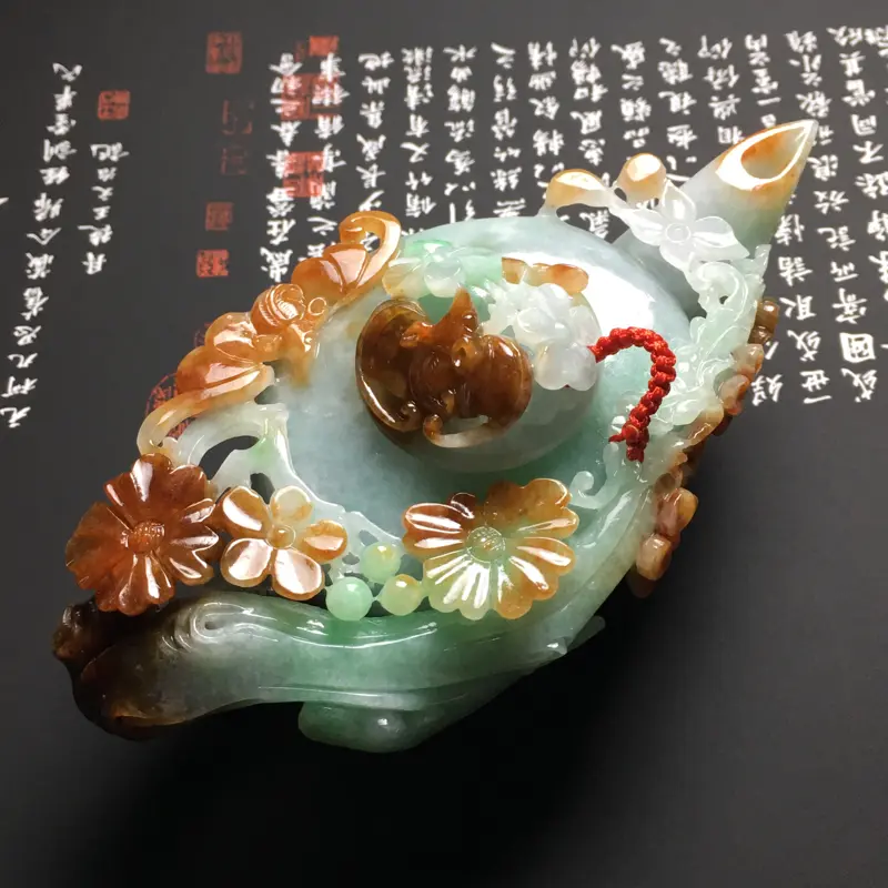 【糯种双彩福在眼前茶壶摆件 尺寸125-62-46毫米 玉质水润 色彩艳丽 雕工精美】图6