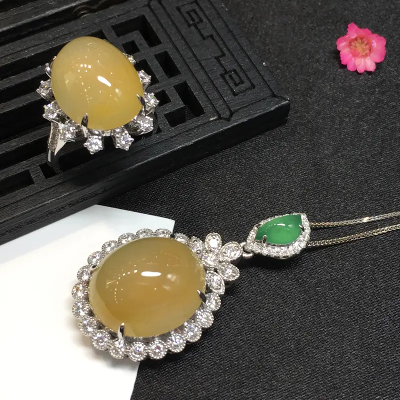 【冰黄戒指吊坠套装,完美起光,水头足,18K金南非真钻镶嵌,性价比高,推荐,吊坠41*22*13.7/18.7*16.2*7.4,戒指21.6*18.2*13/16.7*13.2*6.5mm,重量8.46g】图7