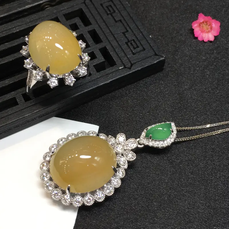 【冰黄戒指吊坠套装,完美起光,水头足,18K金南非真钻镶嵌,性价比高,推荐,吊坠41*22*13.7/18.7*16.2*7.4,戒指21.6*18.2*13/16.7*13.2*6.5mm,重量8.46g】图8