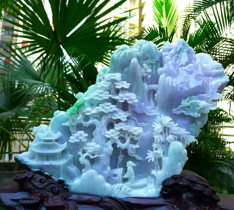 【大件山水摆件 缅甸天然翡翠A货 精美 老坑 春带彩 高山流水 山水摆件 雕刻精美线条流畅 种水好 层次分明 丰富多彩 搭配精美高档檀木底座 尺寸400.390.160裸石尺寸340.250.50裸石重量10.63斤 送礼佳品大件 水头足 工艺精湛】图7