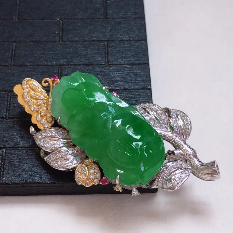 【满绿花开富贵胸針/挂件(18k金伴钻)连扣长:47.2*23.7*13.1mm 戒面:27.6*13.6mm 重量:11.28g】图3