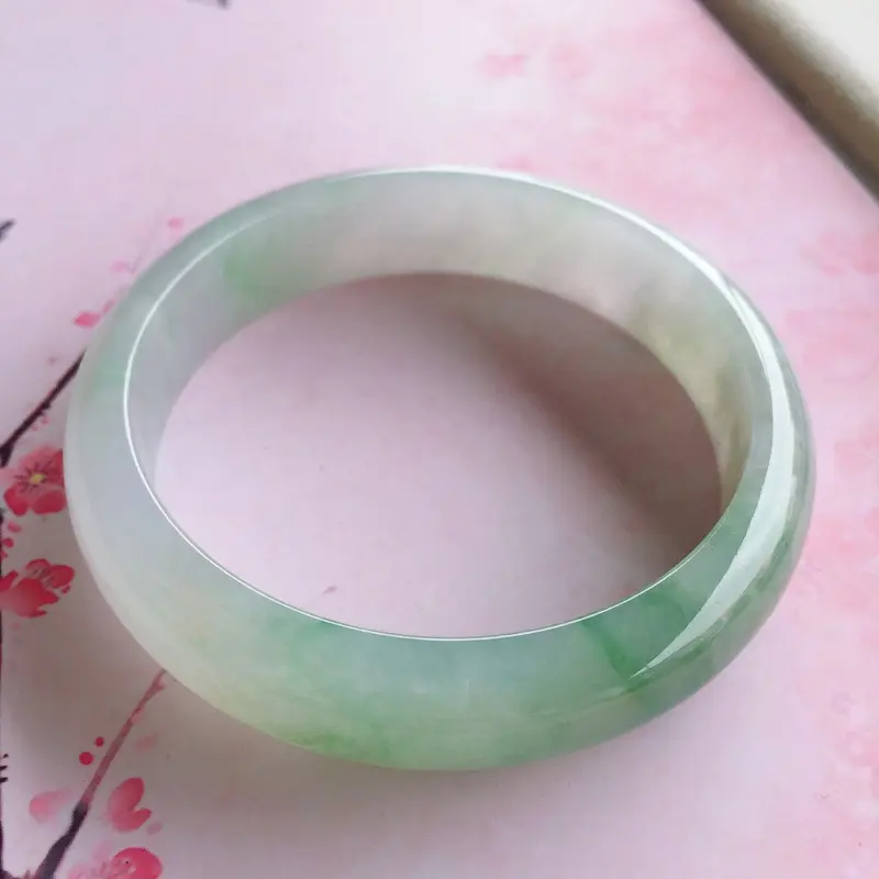 【正圈57.4mm,糯种飘花正圈手镯,底子细腻,色泽清新淡雅】图6