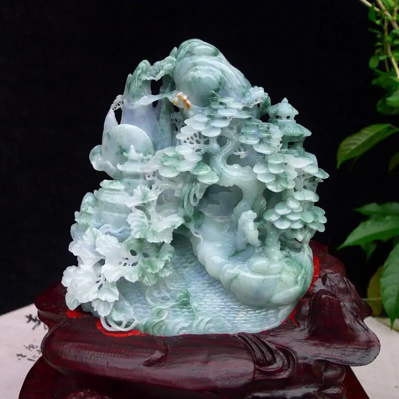 【翡翠老坑糯化冰润飘花缕空精雕(仁者乐山)精品山水摆件 裸石尺寸150*150*78mm 连底座尺寸300*280*200mm 玉石重2.08公斤】图7