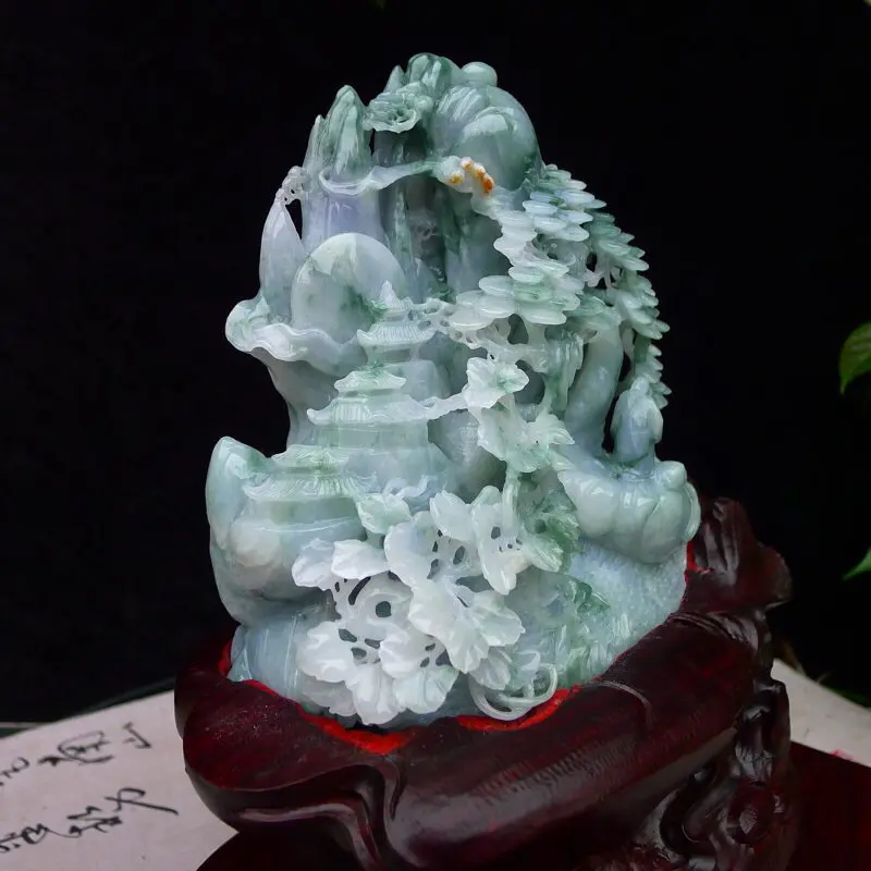 【翡翠老坑糯化冰润飘花缕空精雕(仁者乐山)精品山水摆件 裸石尺寸150*150*78mm 连底座尺寸300*280*200mm 玉石重2.08公斤】图5