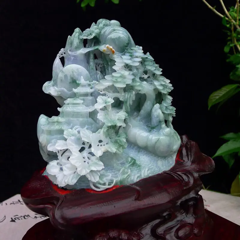 【翡翠老坑糯化冰润飘花缕空精雕(仁者乐山)精品山水摆件 裸石尺寸150*150*78mm 连底座尺寸300*280*200mm 玉石重2.08公斤】图3