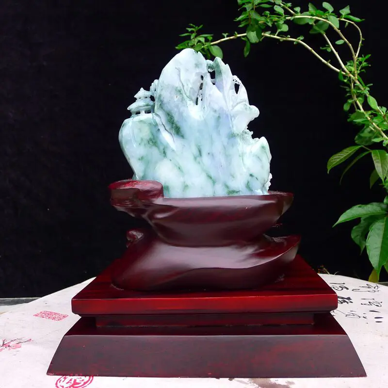 【翡翠老坑糯化冰润飘花缕空精雕(仁者乐山)精品山水摆件 裸石尺寸150*150*78mm 连底座尺寸300*280*200mm 玉石重2.08公斤】图2