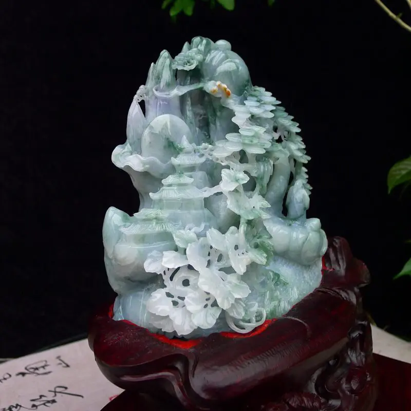 【翡翠老坑糯化冰润飘花缕空精雕(仁者乐山)精品山水摆件 裸石尺寸150*150*78mm 连底座尺寸300*280*200mm 玉石重2.08公斤】图9