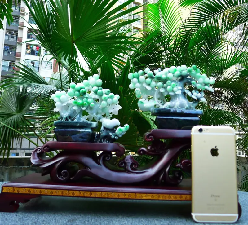 【缅甸天然翡翠A货 海棠果盆景摆件 精美水润冰糯种绿色盆景 寓意多子多福 万寿无疆、子孙满堂、硕果累累 和和美美 寓意吉祥如意 色彩鲜艳 雕刻精美线条流畅种水好 搭配精美高档檀木底座 送礼佳品 整体尺寸370、260、100裸石尺寸140、140、40/160、130、40裸石重量2.68斤】图7