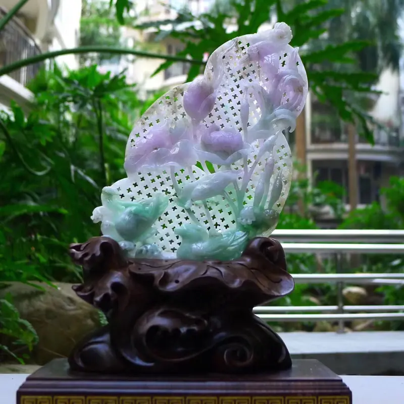 【翡翠A货老坑缕空水润淡春带彩成双成对和和美美,百年好合荷花摆件 裸石尺寸:135/120/20 连底坐:285/180/85mm】图4