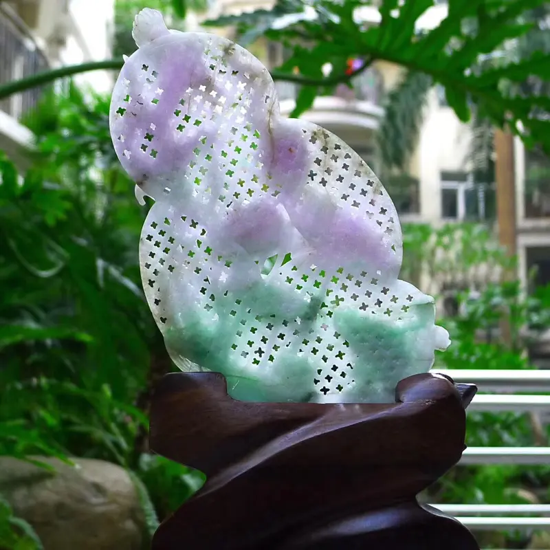 【翡翠A货老坑缕空水润淡春带彩成双成对和和美美,百年好合荷花摆件 裸石尺寸:135/120/20 连底坐:285/180/85mm】图6