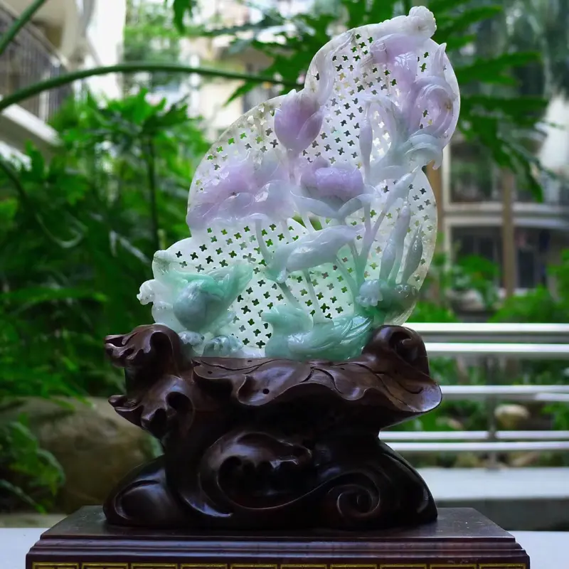 【翡翠A货老坑缕空水润淡春带彩成双成对和和美美,百年好合荷花摆件 裸石尺寸:135/120/20 连底坐:285/180/85mm】图3