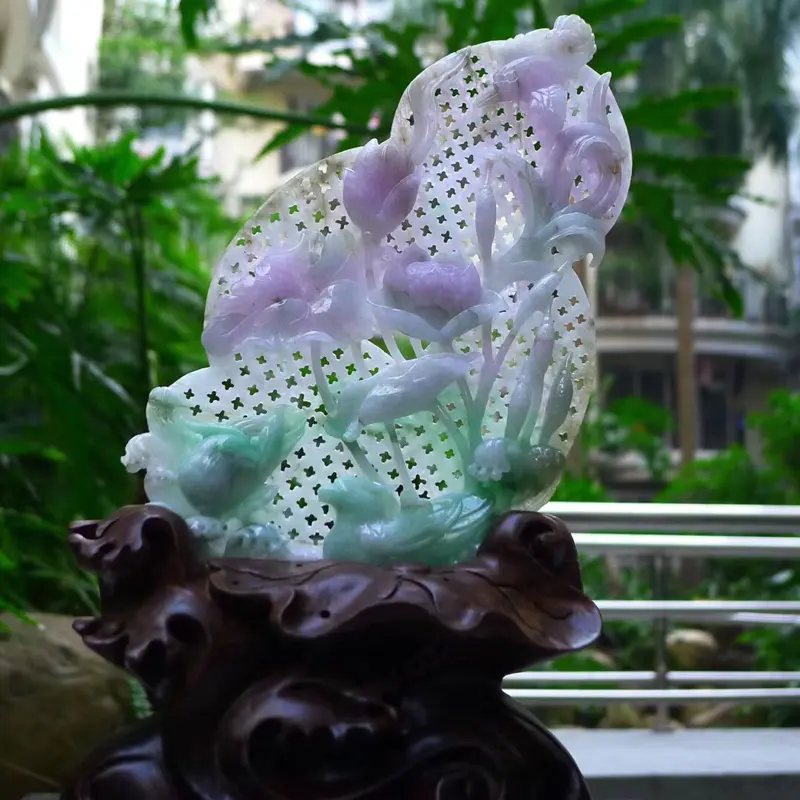 【翡翠A货老坑缕空水润淡春带彩成双成对和和美美,百年好合荷花摆件 裸石尺寸:135/120/20 连底坐:285/180/85mm】图5