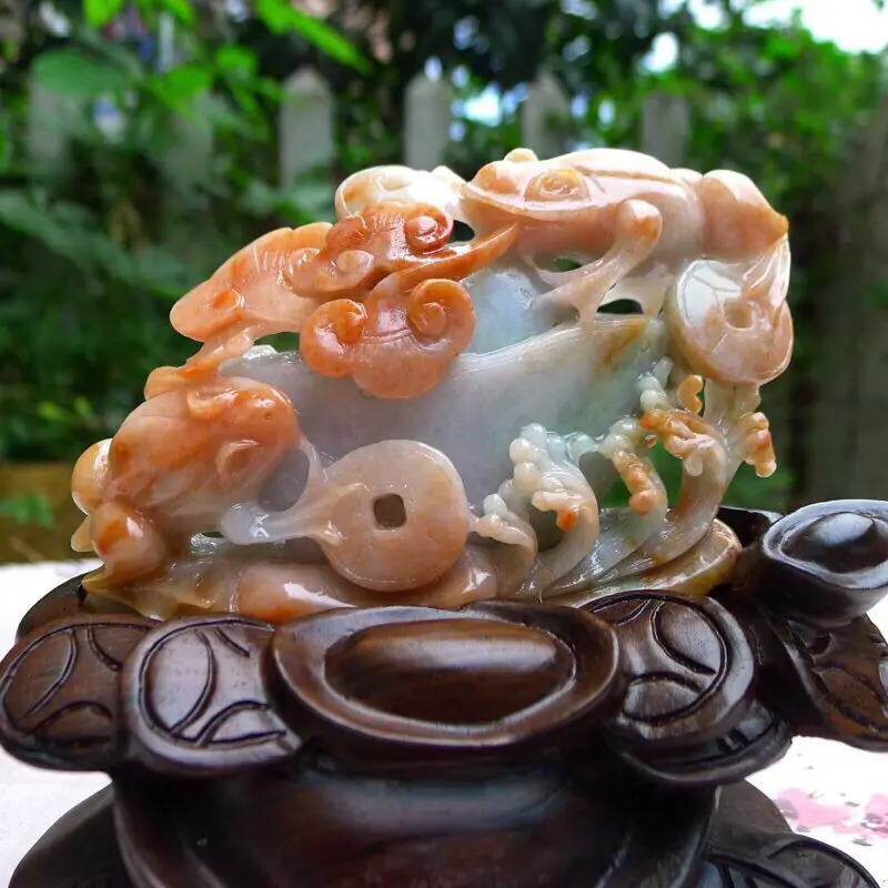 【(财源滚滚)天然色翡翠A货老坑水润俏色特色精工呱呱来财招财进宝 摆件 裸石尺寸:72/110/30 连底坐:250/260/90mm 重量:0.38kg】图2