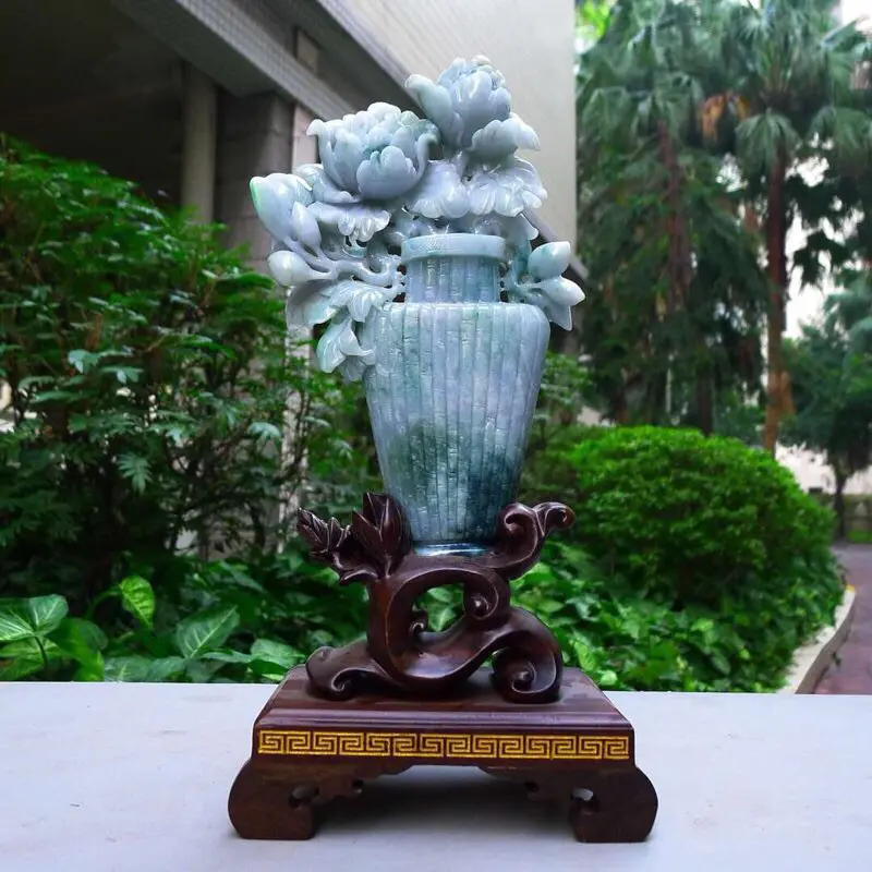 【翡翠A货老坑水润精工浅绿花开富贵摆件 裸石尺寸:230/140/30连底坐:310/160/100mm 重量:1.14kg】图1