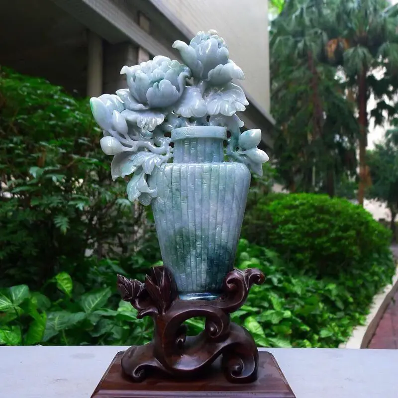 【翡翠A货老坑水润精工浅绿花开富贵摆件 裸石尺寸:230/140/30连底坐:310/160/100mm 重量:1.14kg】图5