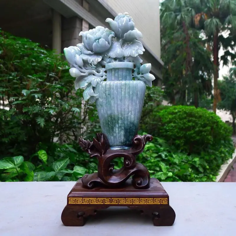 【翡翠A货老坑水润精工浅绿花开富贵摆件 裸石尺寸:230/140/30连底坐:310/160/100mm 重量:1.14kg】图6