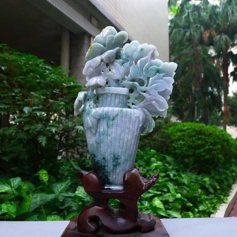 【翡翠A货老坑水润精工浅绿花开富贵摆件 裸石尺寸:230/140/30连底坐:310/160/100mm 重量:1.14kg】图2