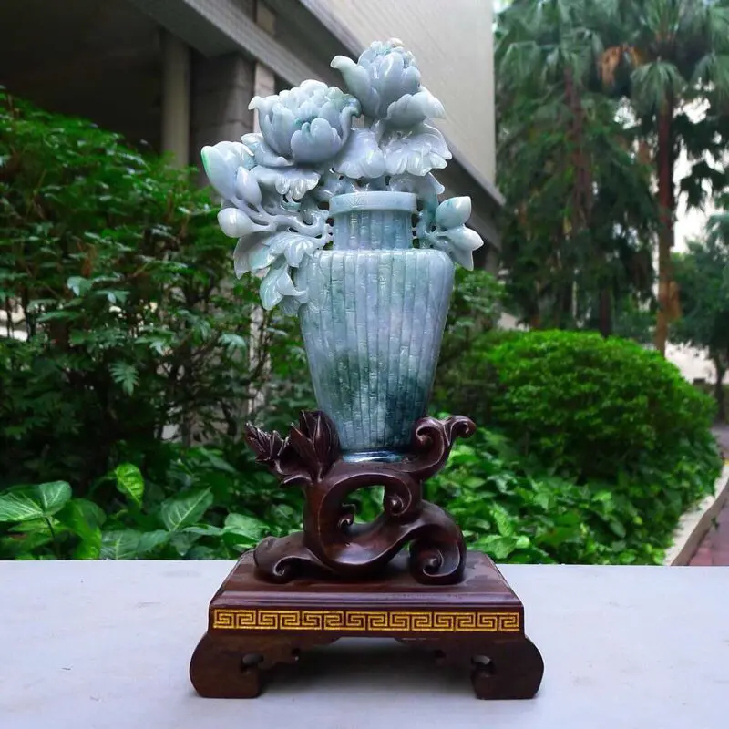 【翡翠A货老坑水润精工浅绿花开富贵摆件 裸石尺寸:230/140/30连底坐:310/160/100mm 重量:1.14kg】图7