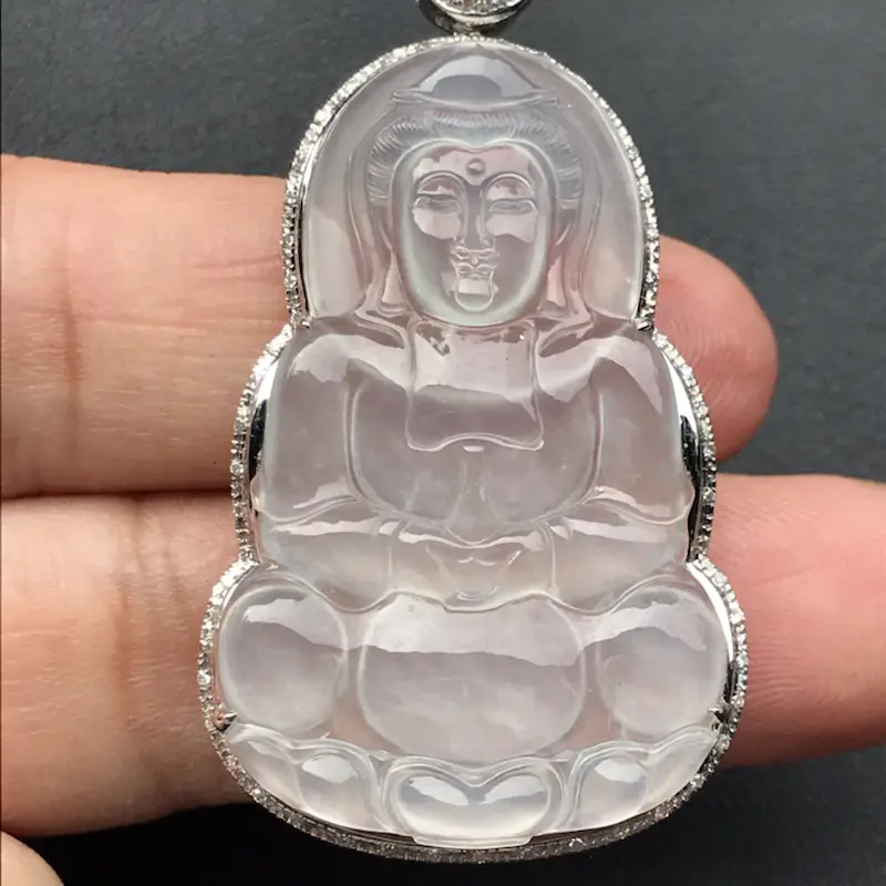 【天然翡翠A货,冰种观音吊坠,料子细腻,冰透水润,豪华镶嵌,18K金伴钻镶嵌,性价比高】图5