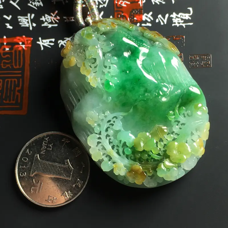 【糯种黄加绿鸟语花香吊坠 尺寸56-42-13毫米 色彩鲜艳 雕工精湛##**】图5