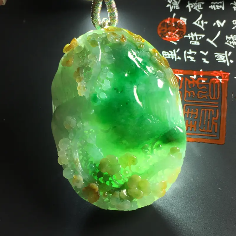 【糯种黄加绿鸟语花香吊坠 尺寸56-42-13毫米 色彩鲜艳 雕工精湛##**】图8