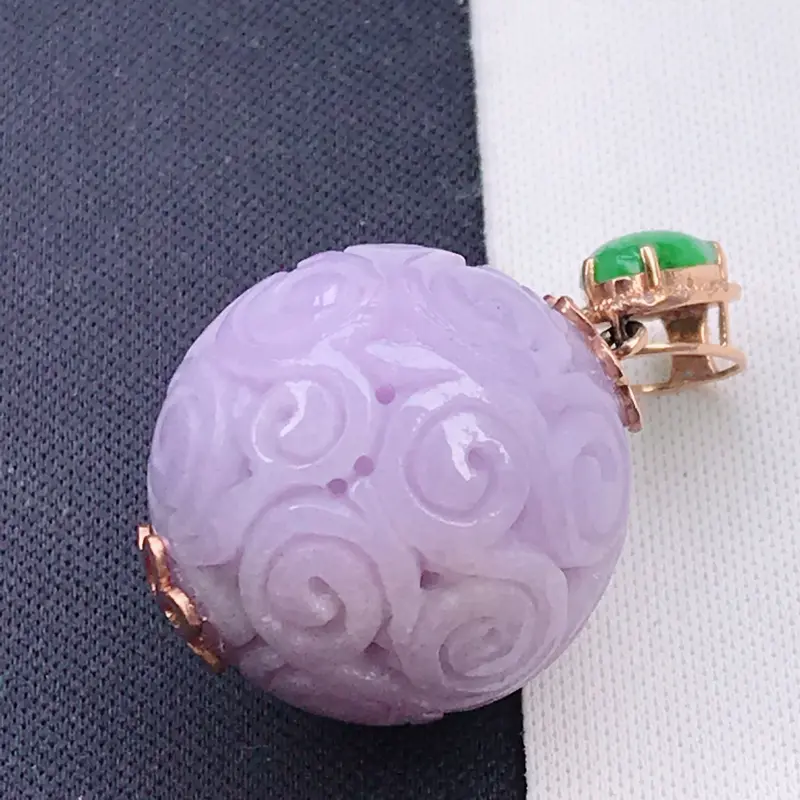 翡翠a货 18k金镶水润紫罗兰翡翠颗粒圆珠吊坠 连金尺寸31裸石19.7/18.