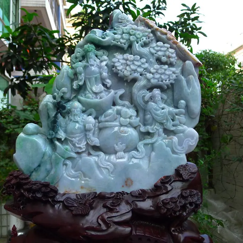 【大摆件,翡翠A货老坑水润三彩飘阳绿福禄寿三星高照摆件 裸石尺寸高380宽245厚50mm连底座高585宽440厚185mm,重20.4斤。料子种水足,雕工精湛,三彩寓意吉祥。摆饰高端大气上档次】图8