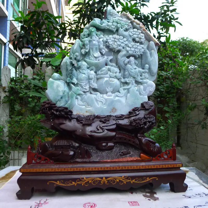 【大摆件,翡翠A货老坑水润三彩飘阳绿福禄寿三星高照摆件 裸石尺寸高380宽245厚50mm连底座高585宽440厚185mm,重20.4斤。料子种水足,雕工精湛,三彩寓意吉祥。摆饰高端大气上档次】图3