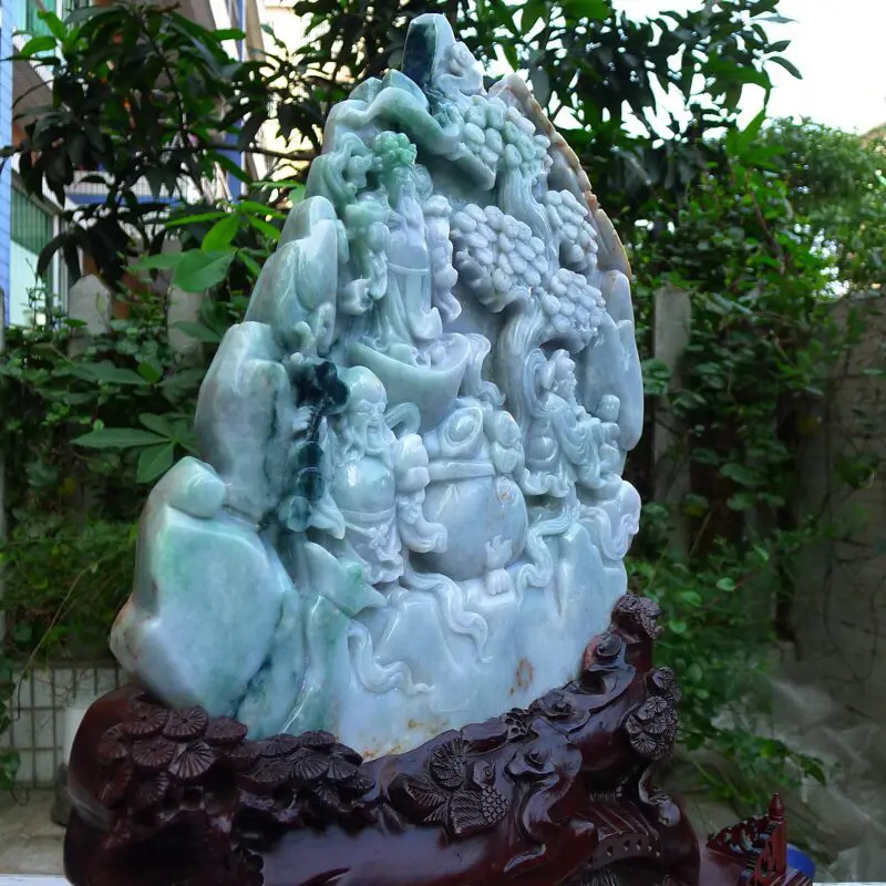 【大摆件,翡翠A货老坑水润三彩飘阳绿福禄寿三星高照摆件 裸石尺寸高380宽245厚50mm连底座高585宽440厚185mm,重20.4斤。料子种水足,雕工精湛,三彩寓意吉祥。摆饰高端大气上档次】图7