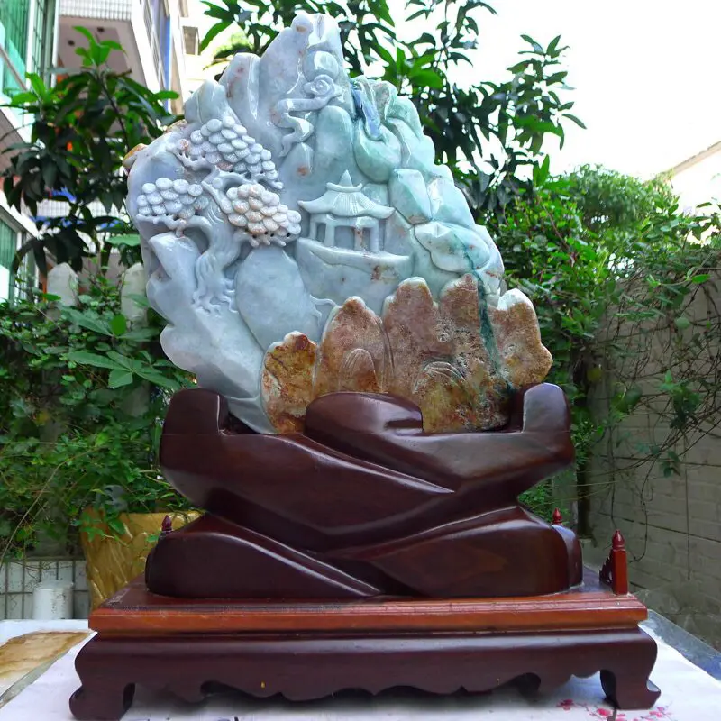【大摆件,翡翠A货老坑水润三彩飘阳绿福禄寿三星高照摆件 裸石尺寸高380宽245厚50mm连底座高585宽440厚185mm,重20.4斤。料子种水足,雕工精湛,三彩寓意吉祥。摆饰高端大气上档次】图11