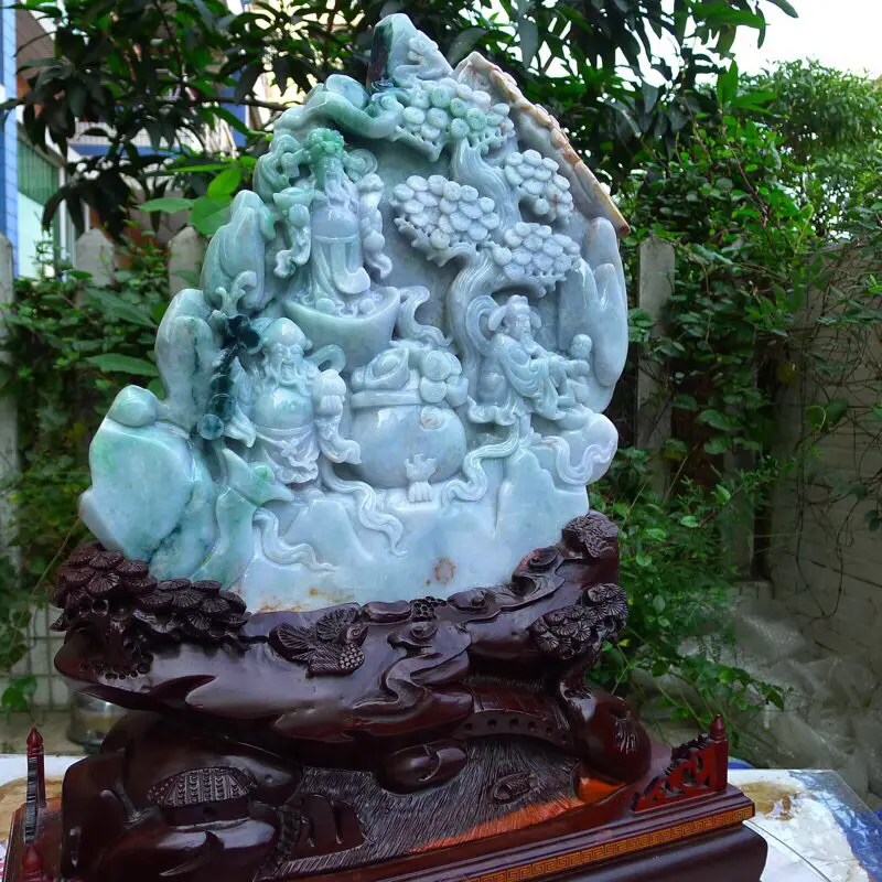 【大摆件,翡翠A货老坑水润三彩飘阳绿福禄寿三星高照摆件 裸石尺寸高380宽245厚50mm连底座高585宽440厚185mm,重20.4斤。料子种水足,雕工精湛,三彩寓意吉祥。摆饰高端大气上档次】图5