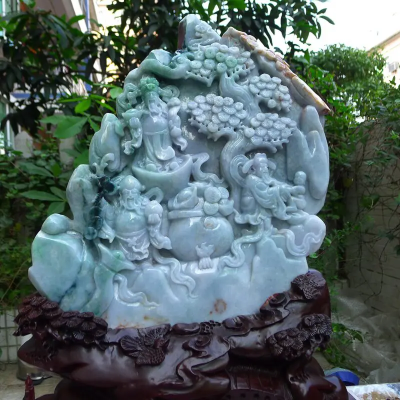 【大摆件,翡翠A货老坑水润三彩飘阳绿福禄寿三星高照摆件 裸石尺寸高380宽245厚50mm连底座高585宽440厚185mm,重20.4斤。料子种水足,雕工精湛,三彩寓意吉祥。摆饰高端大气上档次】图9