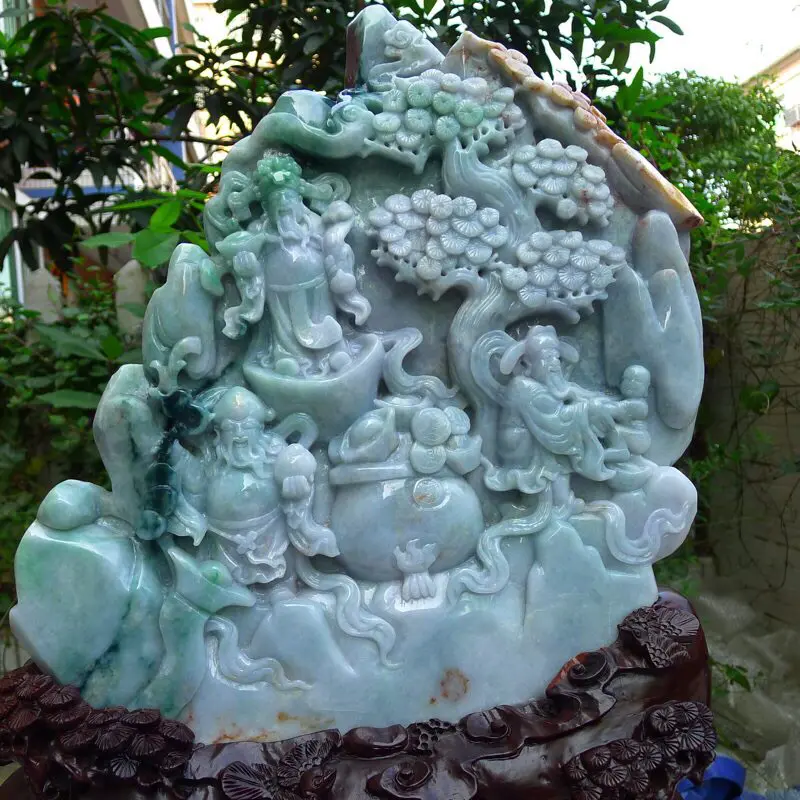 【大摆件,翡翠A货老坑水润三彩飘阳绿福禄寿三星高照摆件 裸石尺寸高380宽245厚50mm连底座高585宽440厚185mm,重20.4斤。料子种水足,雕工精湛,三彩寓意吉祥。摆饰高端大气上档次】图2