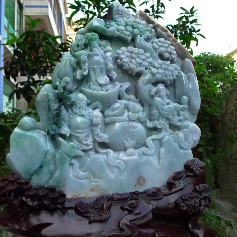 【大摆件,翡翠A货老坑水润三彩飘阳绿福禄寿三星高照摆件 裸石尺寸高380宽245厚50mm连底座高585宽440厚185mm,重20.4斤。料子种水足,雕工精湛,三彩寓意吉祥。摆饰高端大气上档次】图1