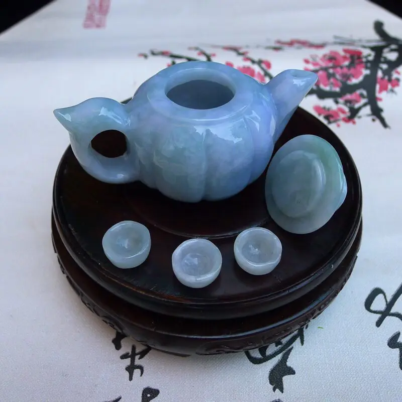 翡翠老坑水润浅蓝紫蓝瓜小茶壶一套 小摆件 茶壶尺寸63.8*93*55mm 单个小杯尺寸16.2*8.2mm