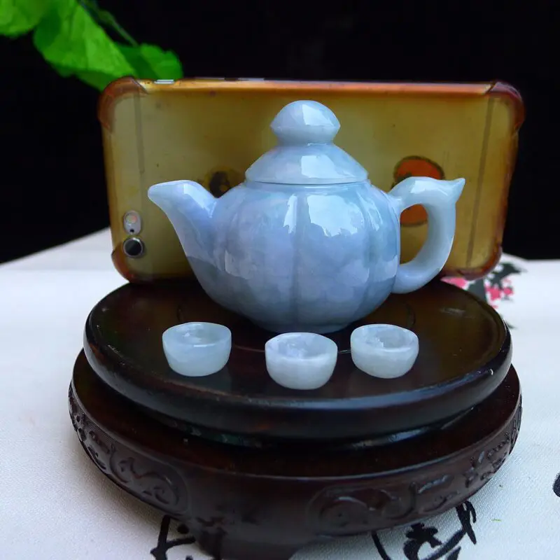 翡翠老坑水润浅蓝紫蓝瓜小茶壶一套 小摆件 茶壶尺寸63.8*93*55mm 单个小杯尺寸16.2*8.2mm
