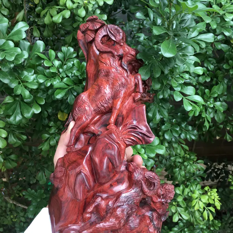 【海南黄花梨精品紫红油梨摆件(三阳开泰),水波纹,山水纹,大实心料镂空精雕,大师亲工精雕,家里办公室摆放也是一道美丽的风景,规格:高:430mm,宽:150mm,厚:155mm,克重:1825克。(备注所有规格与克重不包含底座)】图5