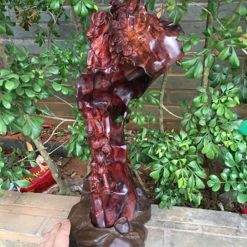 【海南黄花梨精品紫红油梨摆件(三阳开泰),水波纹,山水纹,大实心料镂空精雕,大师亲工精雕,家里办公室摆放也是一道美丽的风景,规格:高:430mm,宽:150mm,厚:155mm,克重:1825克。(备注所有规格与克重不包含底座)】图1