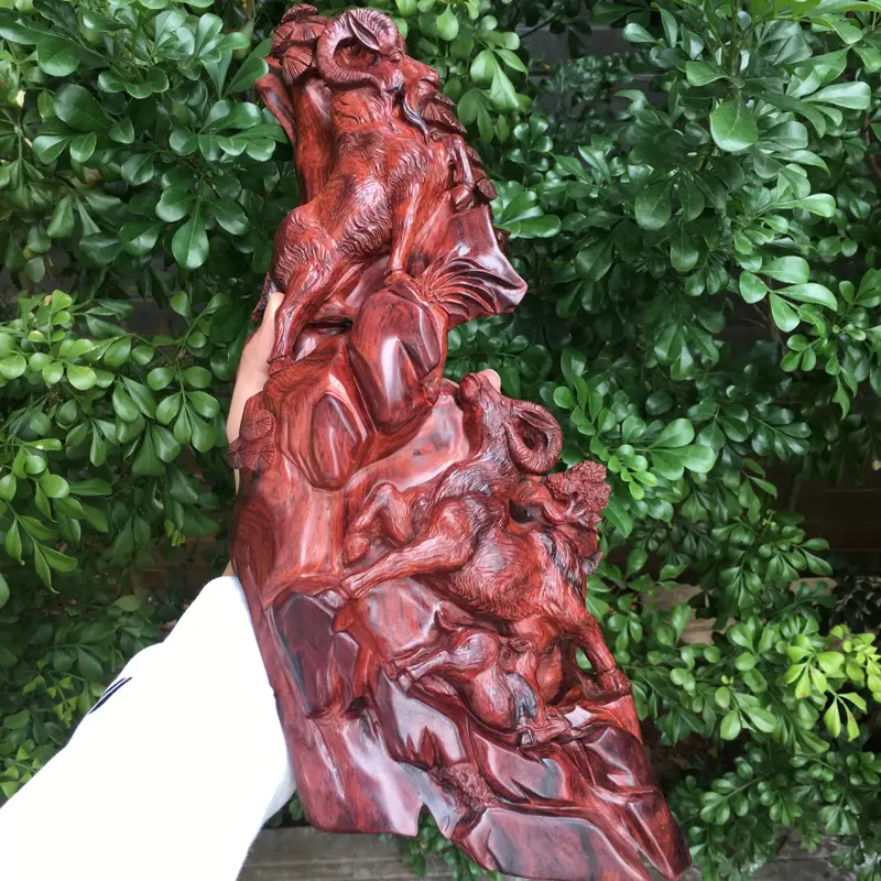 【海南黄花梨精品紫红油梨摆件(三阳开泰),水波纹,山水纹,大实心料镂空精雕,大师亲工精雕,家里办公室摆放也是一道美丽的风景,规格:高:430mm,宽:150mm,厚:155mm,克重:1825克。(备注所有规格与克重不包含底座)】图3